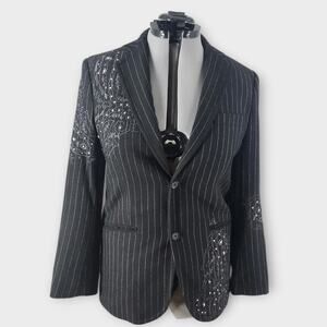 Marc Ecko Cut & Sew Blazer Mens S Blk Pinstripe Studded 2 Button Padded Shoulder